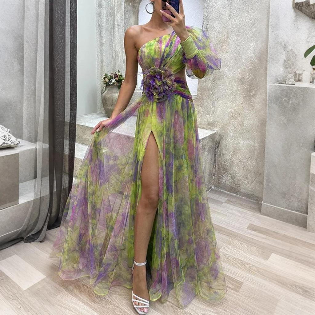 Women's Summer Dress Slanted Shoulder Mesh Printed Suspender Holiday Casual Party Dress