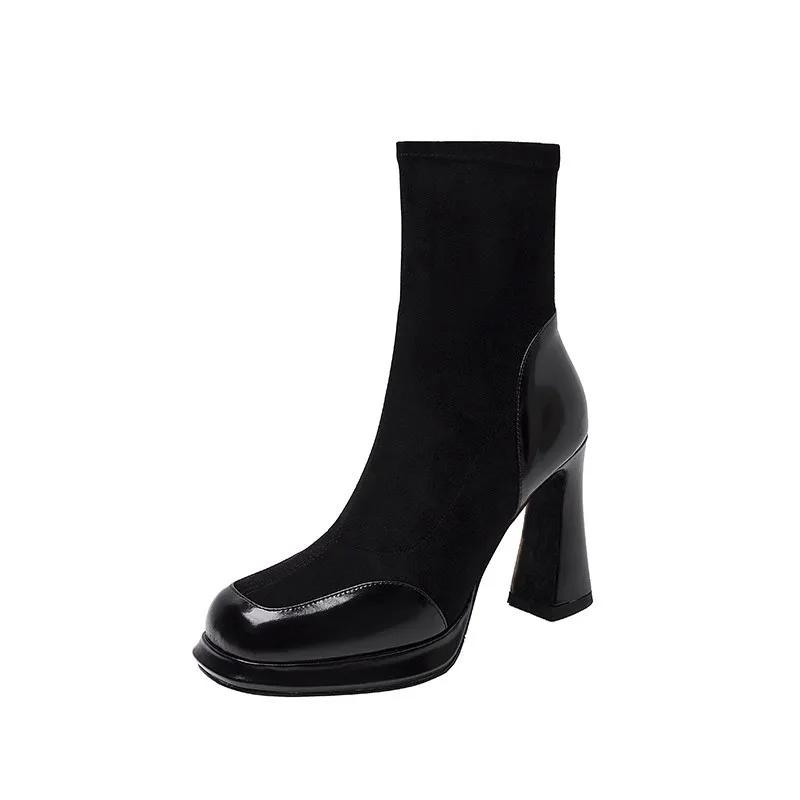 

Короткие сапоги на толстом каблуке для женщин, осень-зима, водонепроницаемая платформа, узкие сапоги, замшевые темпераментные сапоги на высоком каблуке 34 чёрный