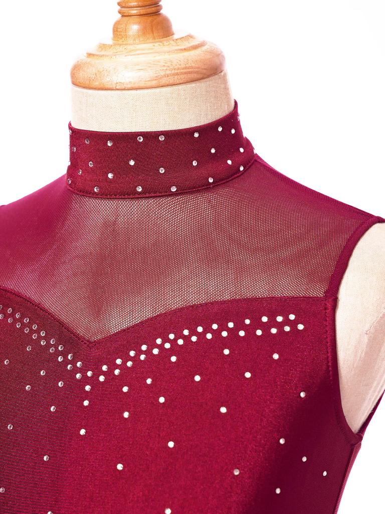 Girls Rhinestone Lyrical Modern Dance Dress Sleeveless Hollow Back High Low Hem Built In Briefs Leotard Dress Performance Gown
