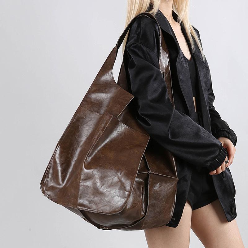 Retro Super Big Shoulder Bag Female Solid Color Hand Bags For Women Soft Leather Casual Shopper Underarm Tote Bag