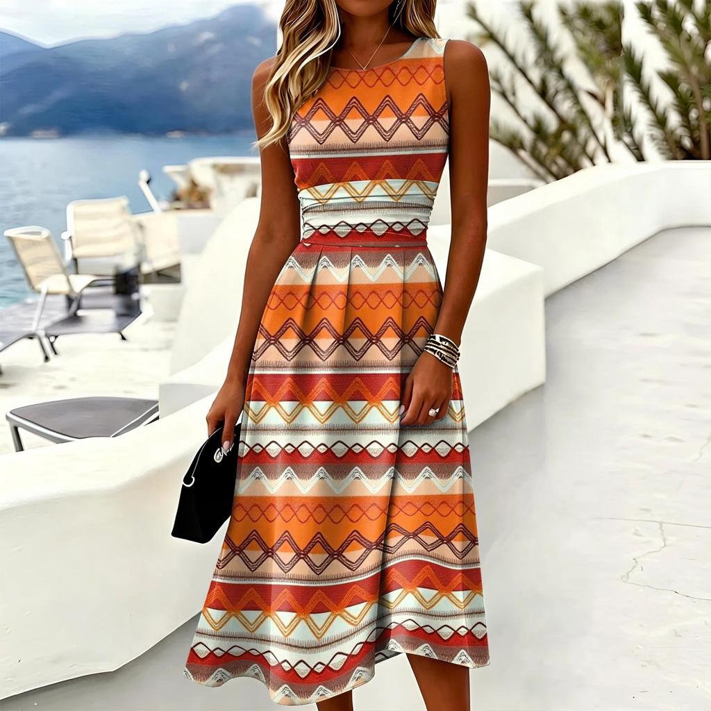 Sleeveless Casual Dress for Women Round Neck Midi Length Relaxed Fit Lightweight Fabric Leaf Pattern Summer Dress