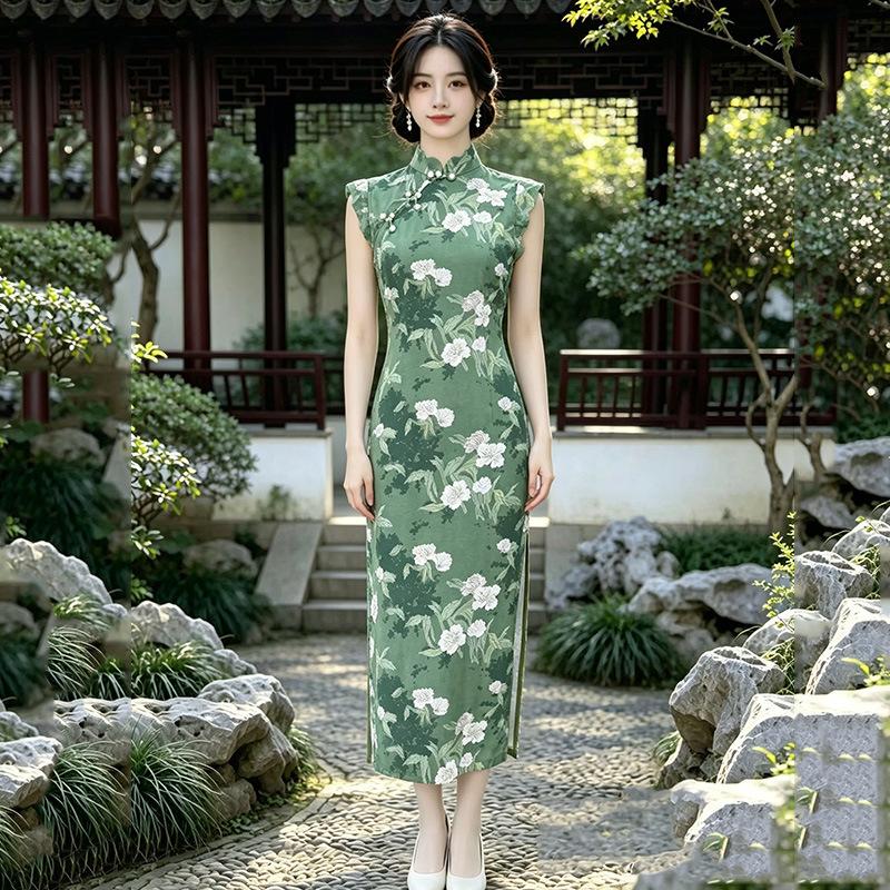Green Daily Sleeveless National Style New Chinese Style Suzhou Long Cheongsam Improved Young 1011 New Women's High Sense