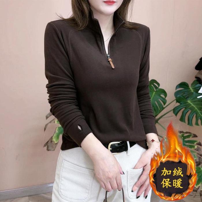 

Thickened warm stand-up collar double-sided German velvet bottoming shirt for women s 2025 winter new versatile long-sleeved half-zipper inner top 3XL темно-коричневого кольору