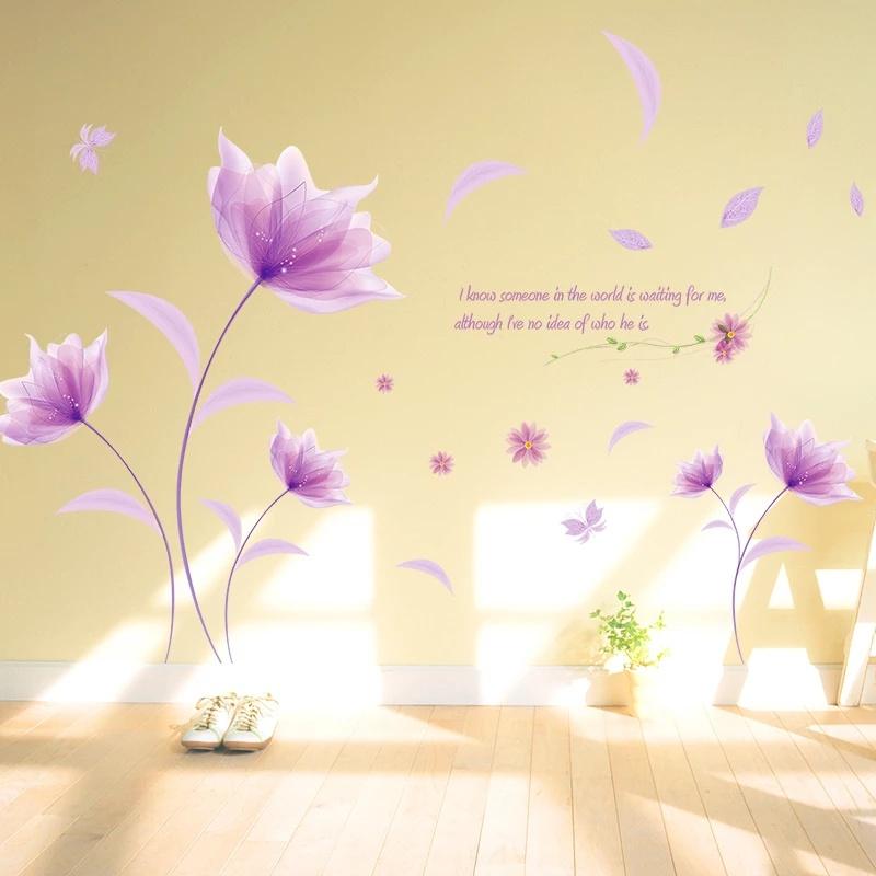 Neue Romantische Lila Blumen Wand Aufkleber Liebe Wohnzimmer Schlafzimmer für Home Decor Kunst Aufkleber Hintergrund Aufkleber Tapete Dekoration