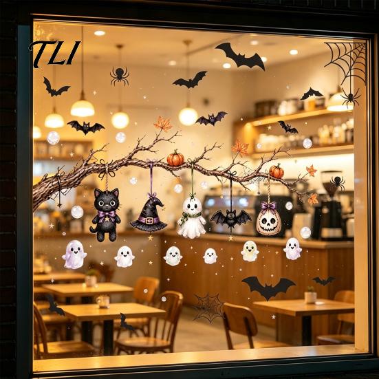 Static Cling Ghost Bat Pumpkin Stickers 2 Sheets Halloween Window Stickers, Spider Web Decals, Removable Retro Decor Waterproof for Glass Doors