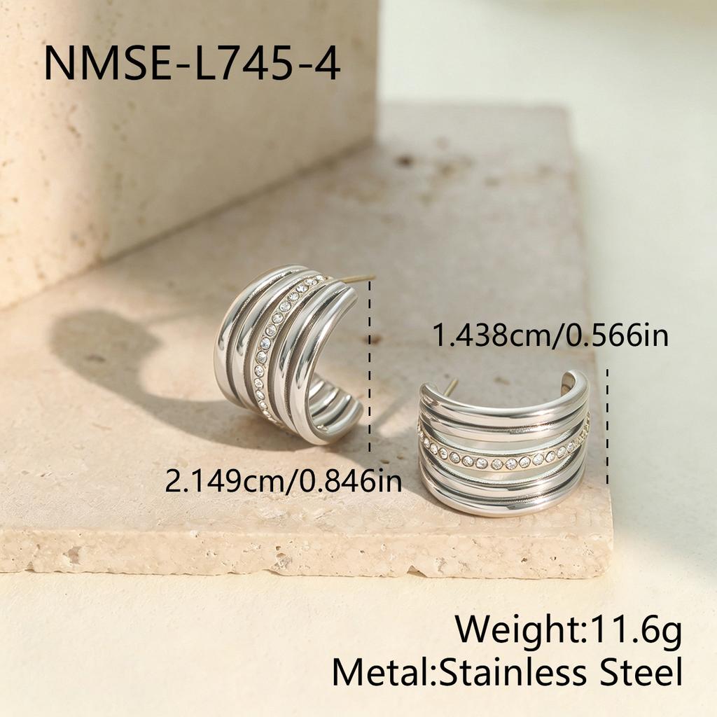 Stainless Steel Multi-layer Diamond-set C-shaped Earrings Women's, Gold and Silver Two-color Geometric Wide Ring Light Luxury Commuter Earrings
