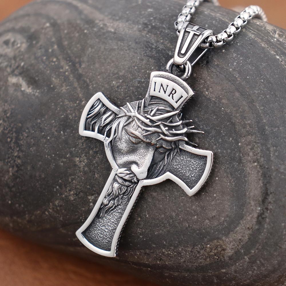 Classic Jesus Cross Pendant Chain Stainless Steel INRI Jesus Religon Necklace Trendy Popular Male Jewelry Accessories