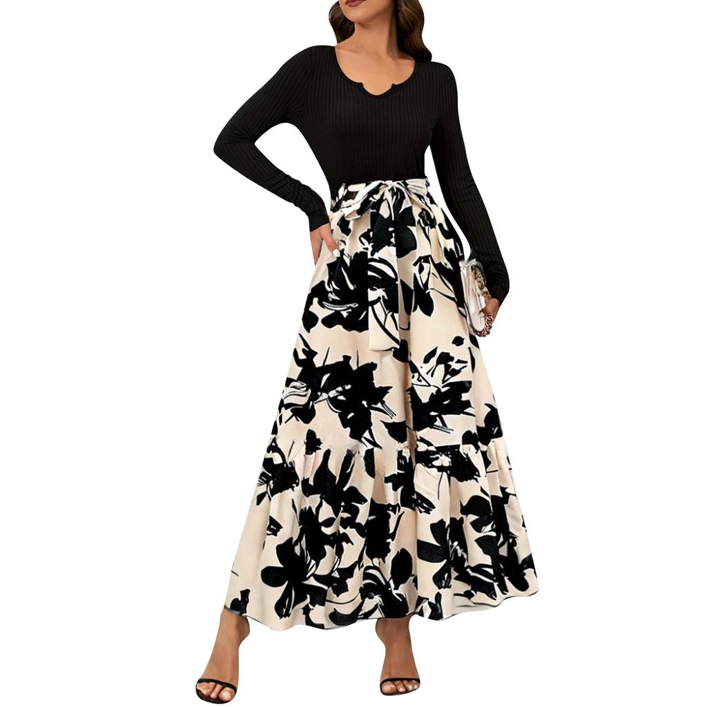 Women's Floral Print High Waist Fashionable And Elegant Dress