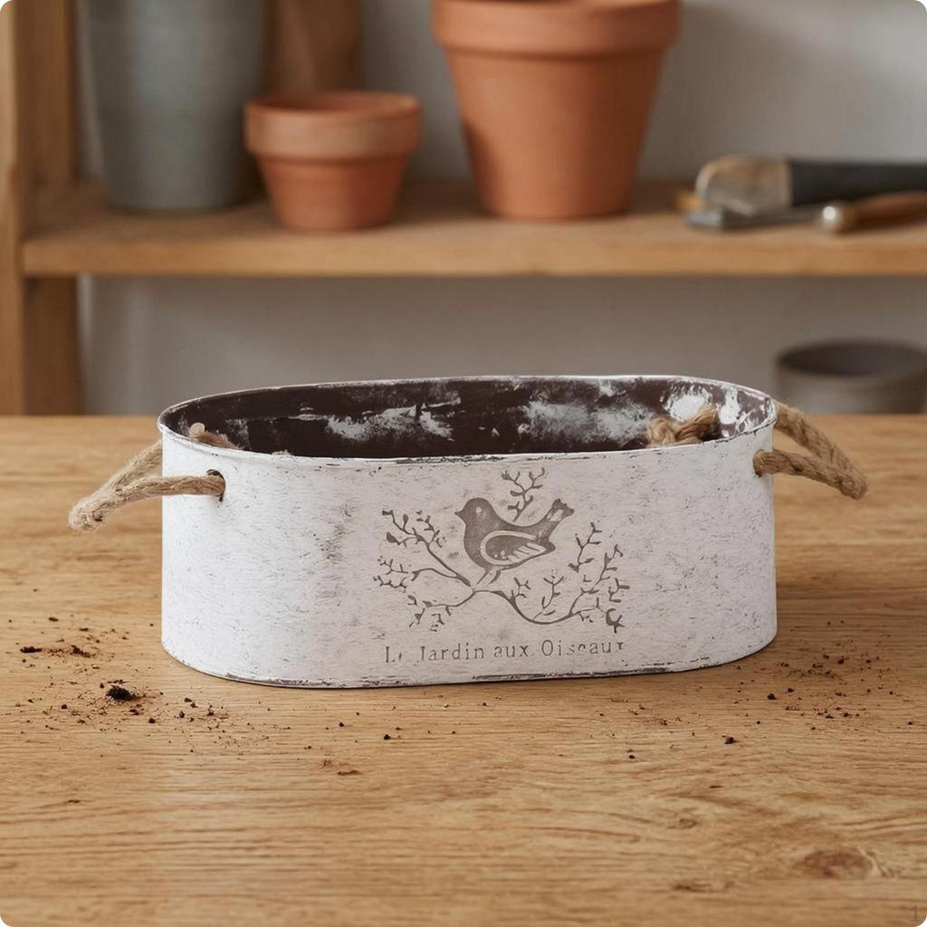 Oval Iron Flower Pot Rustic Distressed White Planter Vintage Style Rope Handle