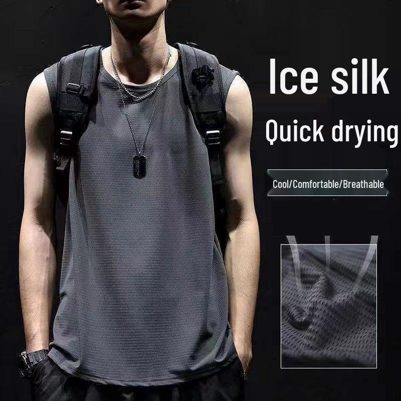 Pánské rychleschnoucí tílko bez rukávů z ledového hedvábí - Letní síťovina, Volný střih, Nadměrná velikost, Jednobarevné prodyšné sportovní oblečení.
