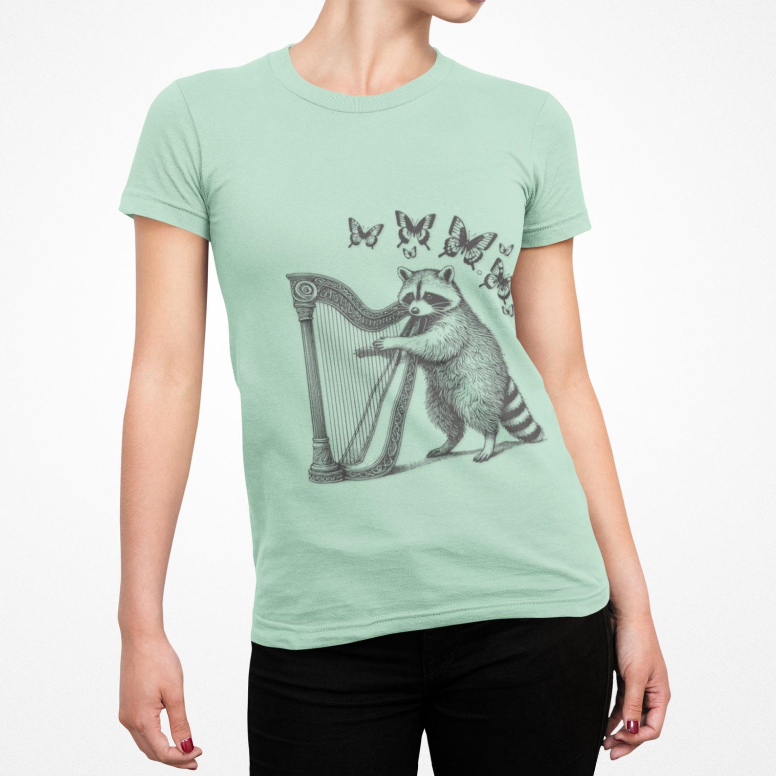 Raccoon Harpist T-Shirt - Whimsical Engraving Style, Butterfly Design 3XL