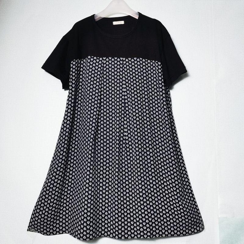 Export Original Order Leftover Stock Tencel Rayon Printed Stitching Short Sleeves Dress Female Loose Plus Size Mid Length Long Length Tops Summer