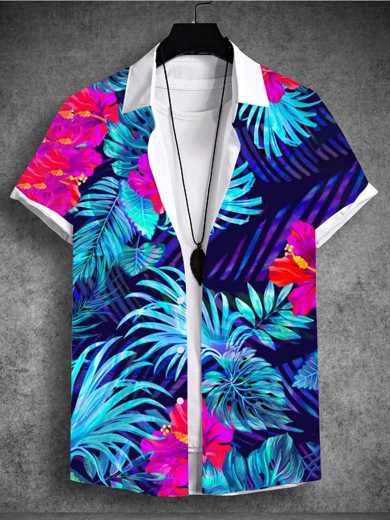 Summer 3d Print Men'sShirt Tropical Hawaiian Beach Vacation Plant Coconut Tree Short Sleeve T-Shirt 4-Way Stretch Fabric Shirt