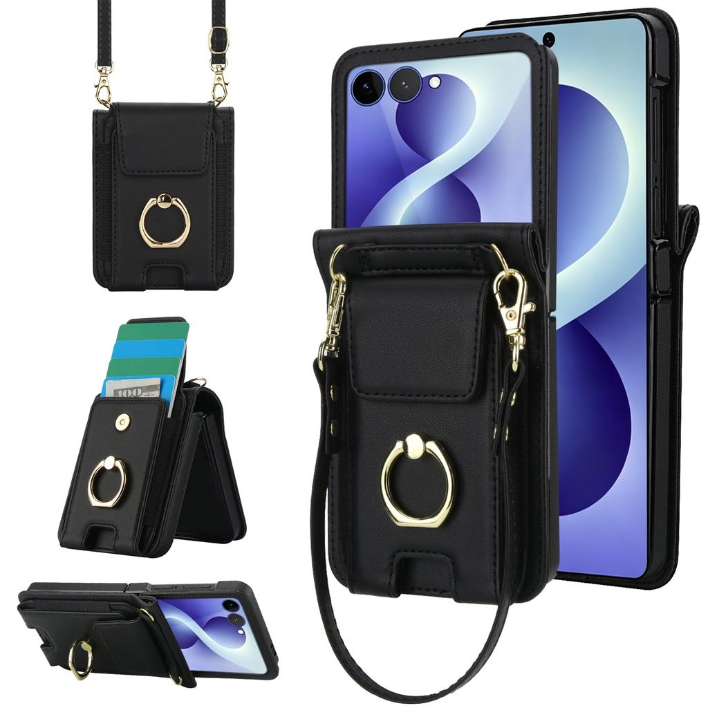 Borsa a tracolla con cordino lungo, porta carte, portafoglio, anello, custodia in pelle per Samsung Z Flip 8 7 6 5 4 3, antiurto, con supporto, cover sottile