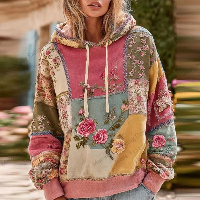 Vintage Floral Patchwork 3d Print Hoodie Women Fashion Casual European American Style Hoodie Sweatshirt Women Clothes Top