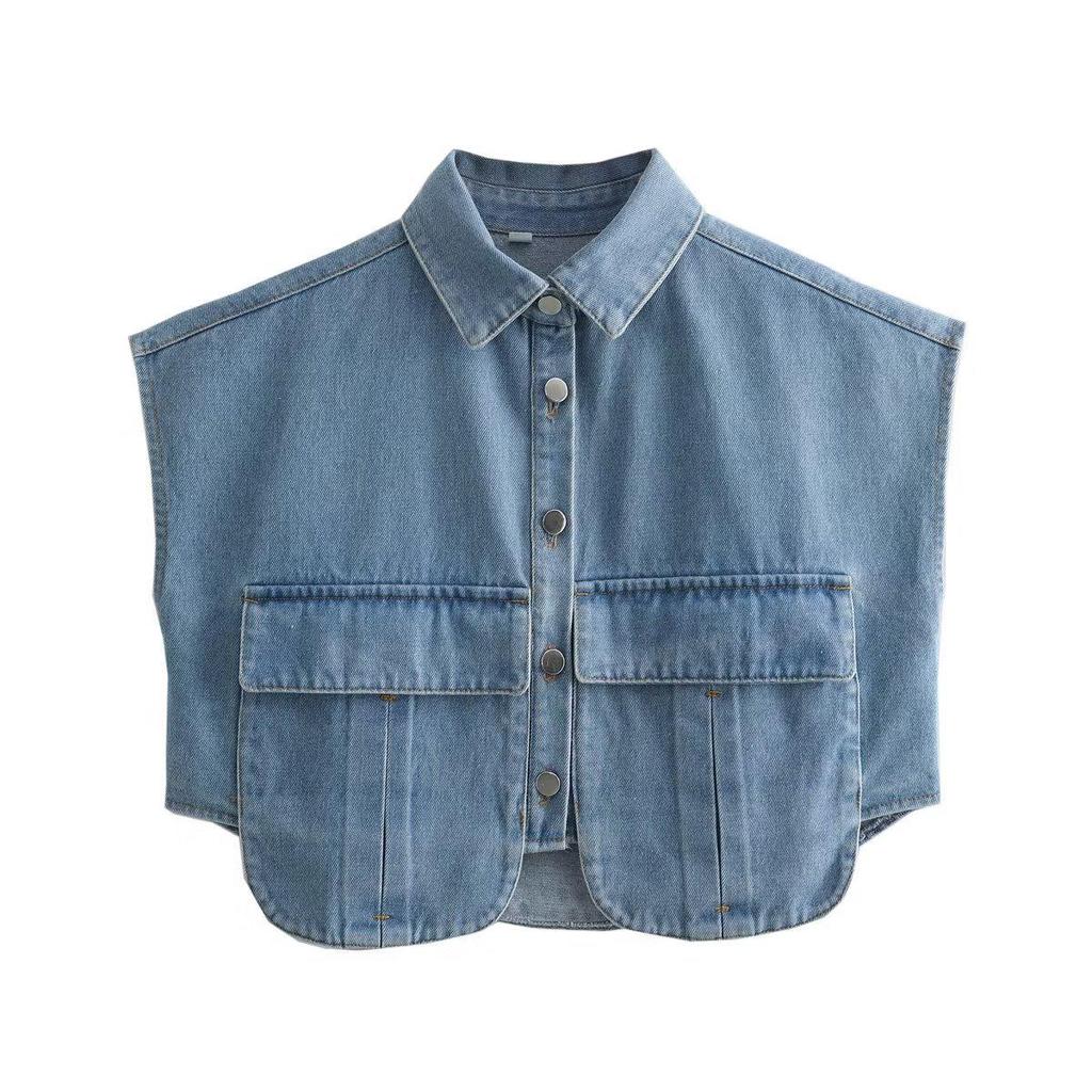 Women's Patchwork Irregular Polo Collar Denim Cardigan Top