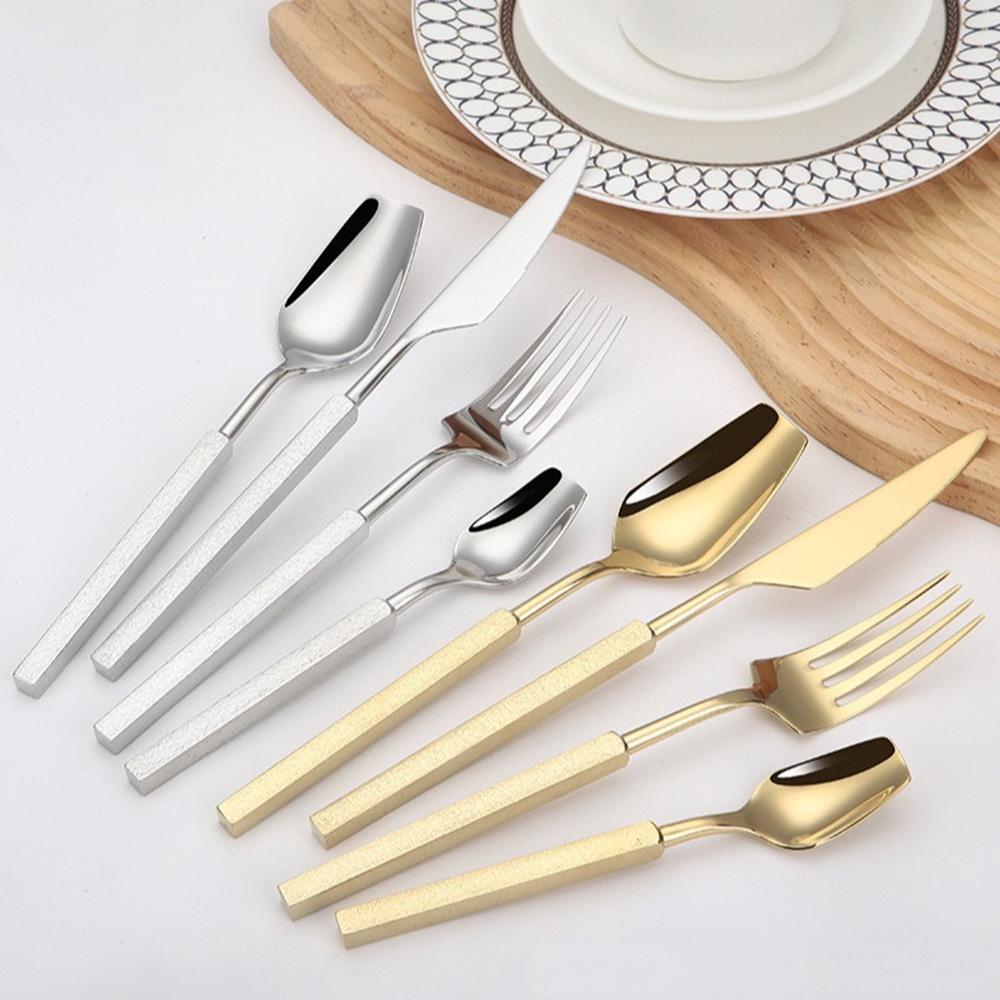 Luxury 4Pcs Sliver Tableware 304 Stainless Steel Cutlery Set New Western Cube Handle Dinner Set Mirror Golden Knife Fork Spoon
