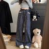 Women's High Waist Wide Leg Pants Loose Straight Trousers Plaid Print Lace Trim Patchwork Lazy Casual Floor-Length Long Trousers