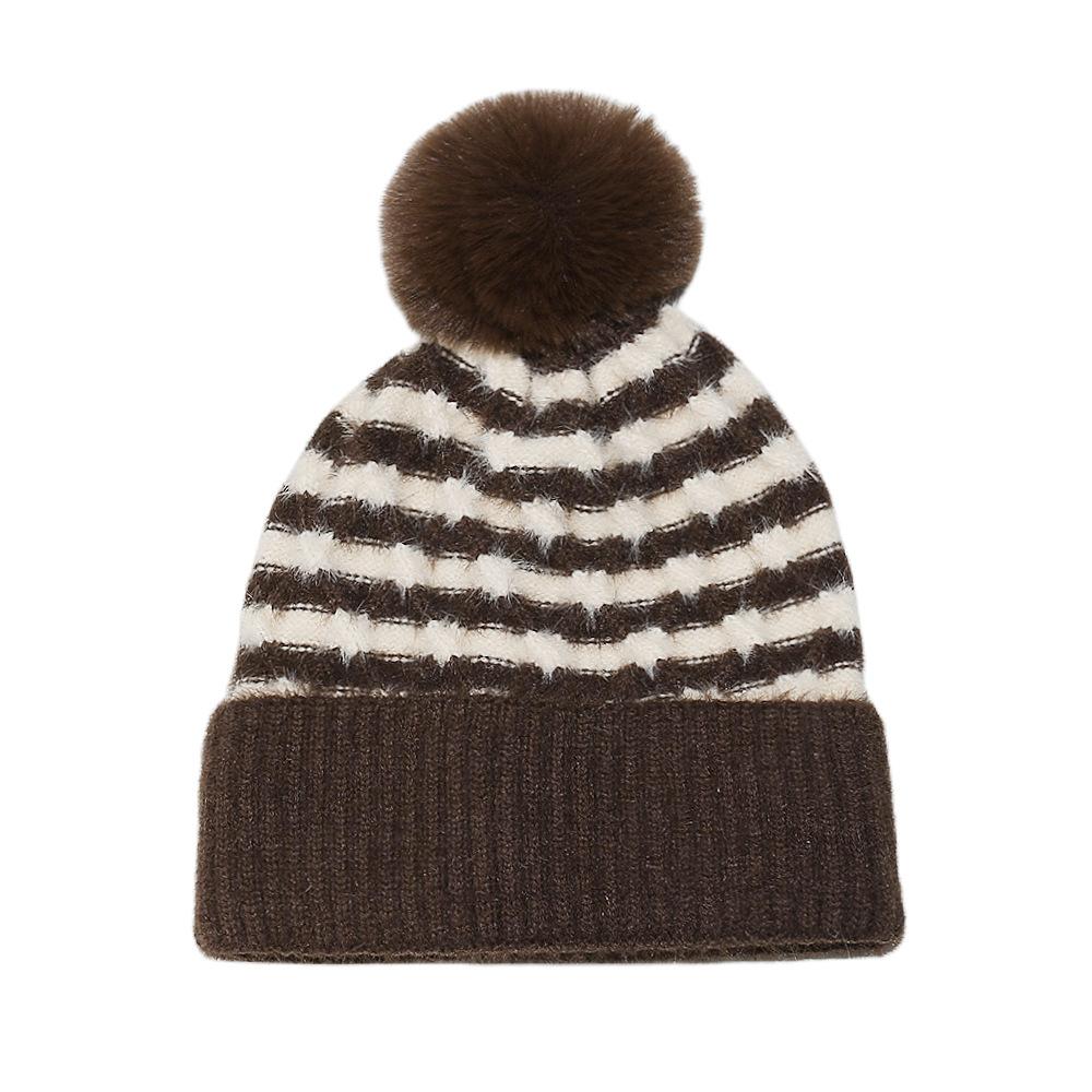 

2025 autumn and winter wool hat striped jacquard retro knitted hat piled and thickened imitation mink winter hat children M（56-58cm） кофейный