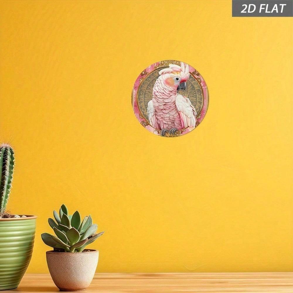 Vintage Parrot Metal Wall Sign 8x8 Inch Round Gold Frame Tropical Bird Art