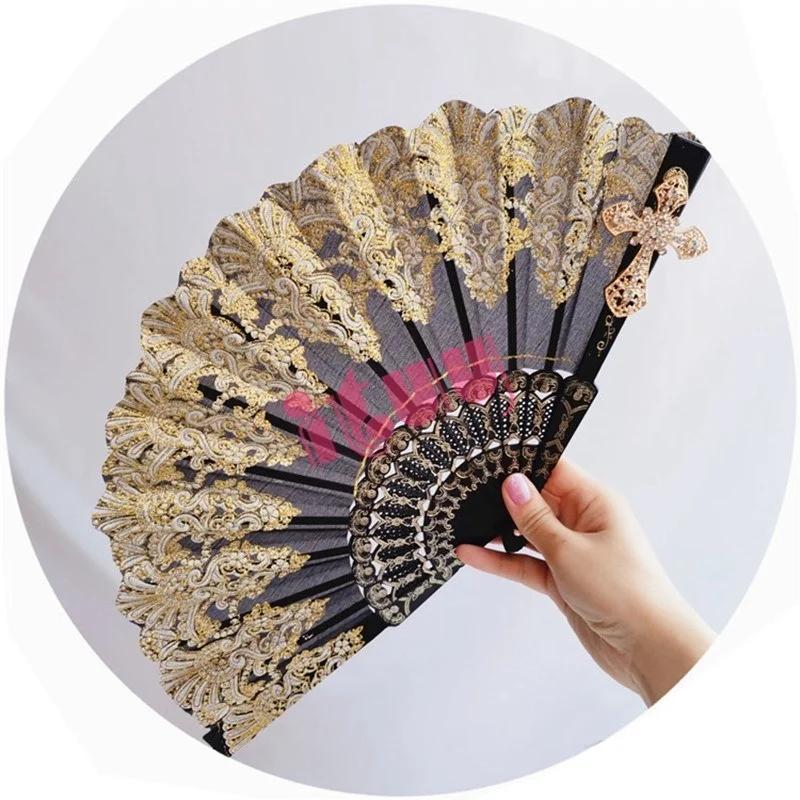 Lolita Cosplay Hand Held Fan Gothic Angel Wing Feather Rose Bead Chain Lace Flower Black Folding Fan Dance Photo Props Halloween