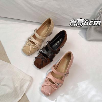 Height Increase 6CM Cross Buckle with Thick Heel Shallow Mouth Single Shoes Women's 2025 New Retro Bow Square Head Mary Jane Shoes