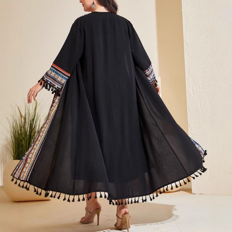 Plus Size Women's Retro National Romantic Su Long Cardigan Coat Temperament Commuter Dress Two Piece Set