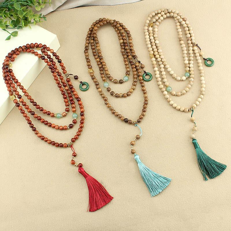 Chinese National Style Cedar Wood Tassel Necklace & Crossbody Chain for Women - Hanfu Qipao Long Sweater Accessory