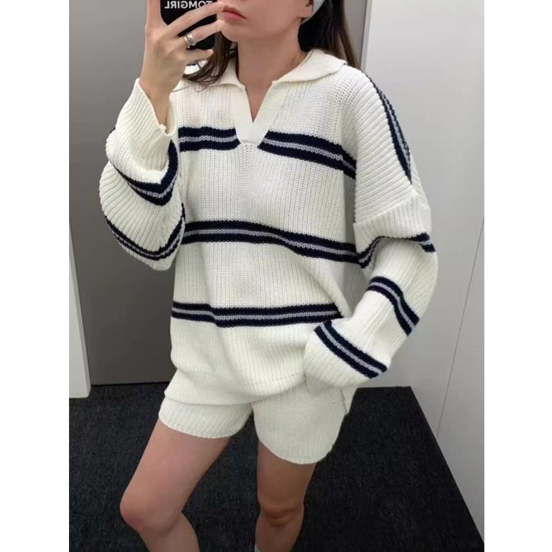 Vintage Stripe Casual Sports Suit for Women Spring Autumn Fashionable Relaxed Knit Long Sleeve Top + Shorts Two-piece Set Female
