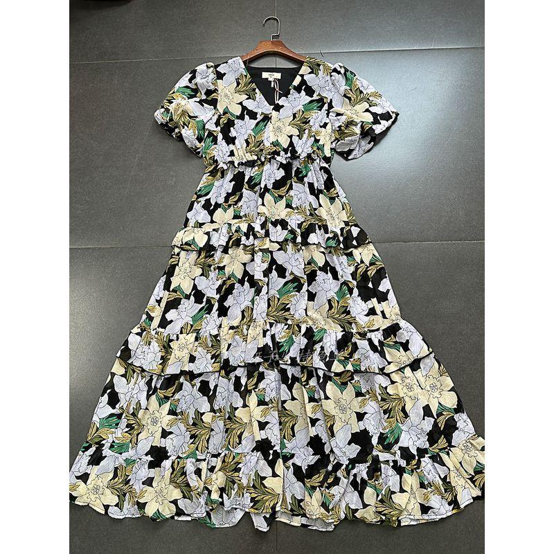 

Yanzi Export Env Collar Puff Sleeves Classy A- line Elegant Tea Dress Beach Vacation Chiffon Maxi Dress Black Floral Maxi Dress M