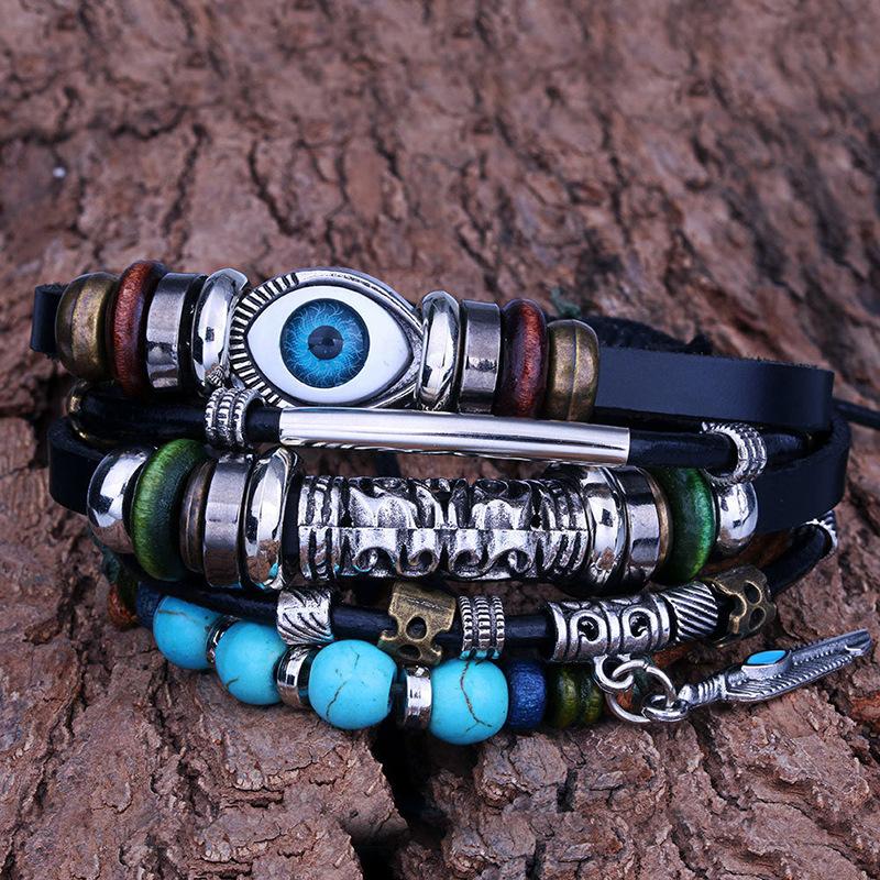 Bohemian Multi-Layer Bracelet, Turquoise Eye Bracelet, Retro Metal Feather Pendant, Men'S Handmade Jewelry Generation