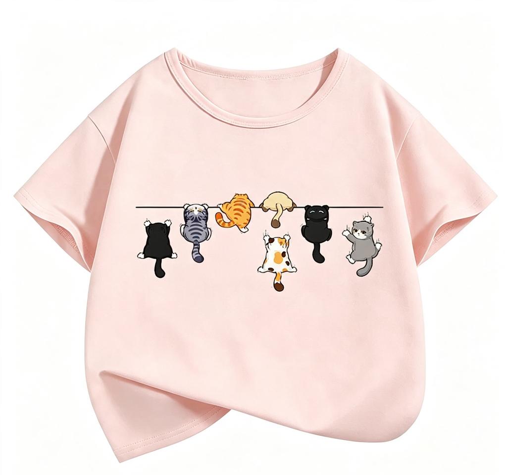 Climbing Cat Pattern Trendy Design Print T Shirts Short Sleeve Kids Children's T-shirt Boys Girls Summer Spring Casual Top Tee