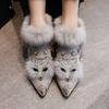 Real Rabbit Fur Women's Winter Velvet Fox Head Fluffy Shoes Women's Warm Outer Wear Medium Heel Fashion British Style Thick Heel Short Boots Women