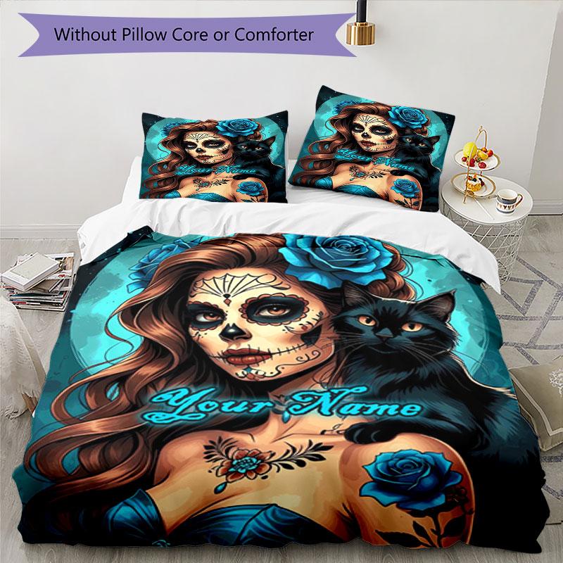 3pcs Custom Name Day Dead Art Bedding Set Printed Bedding Set Duvet Cover Closure Includes 1 Duvet Cover & 2 Pillowcases Bedroom Decor