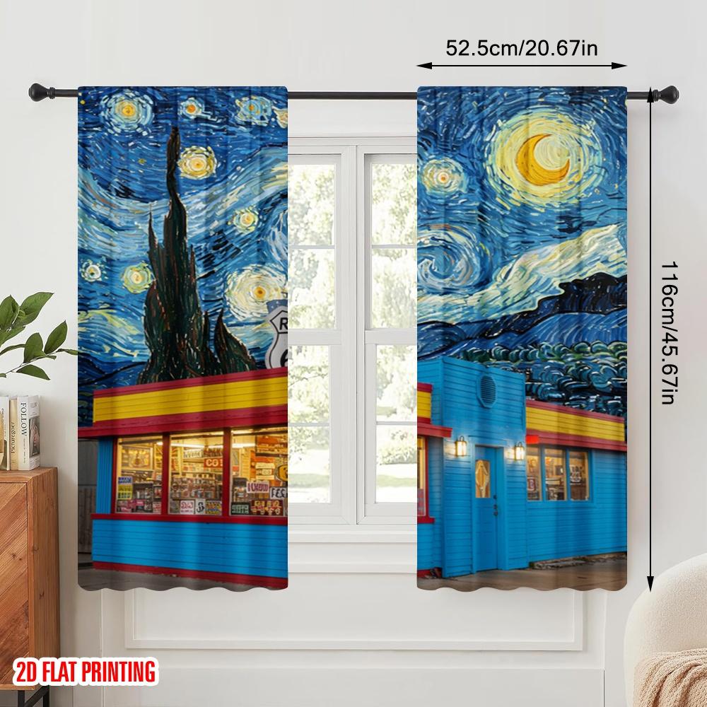 2pcs 2D Flat Printing Scene Curtain Starry Night Route 66 100% Polyester Without Electricity Festive Holiday Use for Holiday