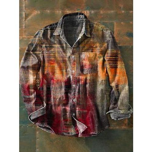 Retro-style Colour-block Print Men’s Long-sleeved Button-down Shirt
