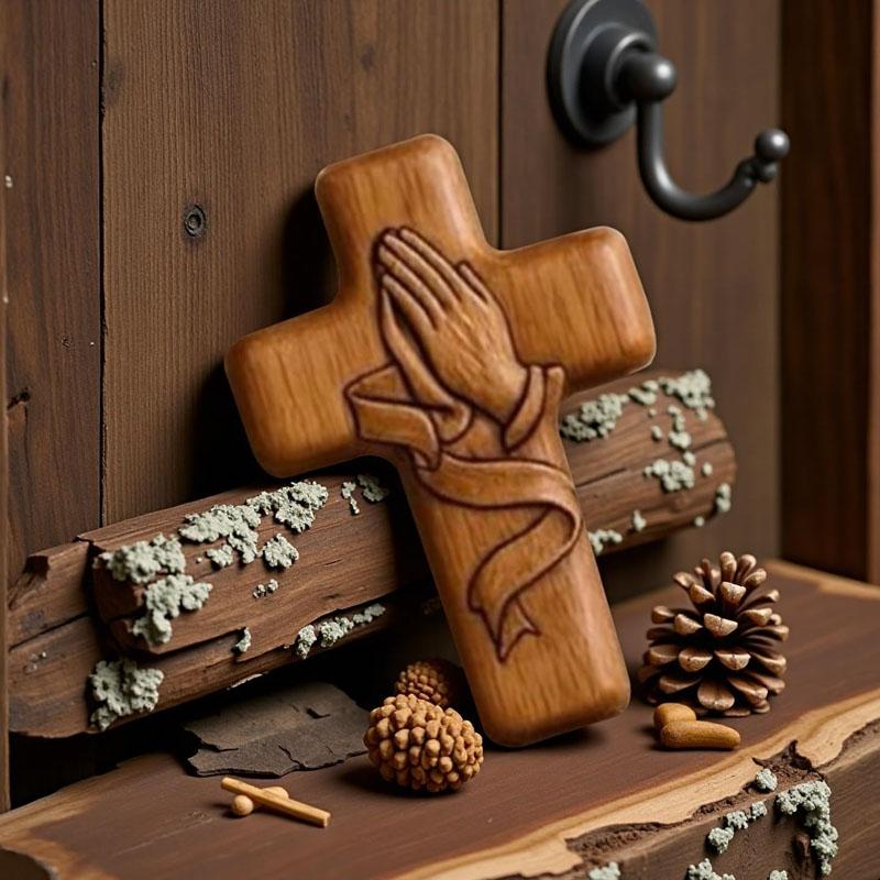 Homtrator Prayer Cross Gift – A Silent Embrace Of Faith, Handmade Wooden Prayer Hands Cross for Christian Gifts, Patriotic Companions
