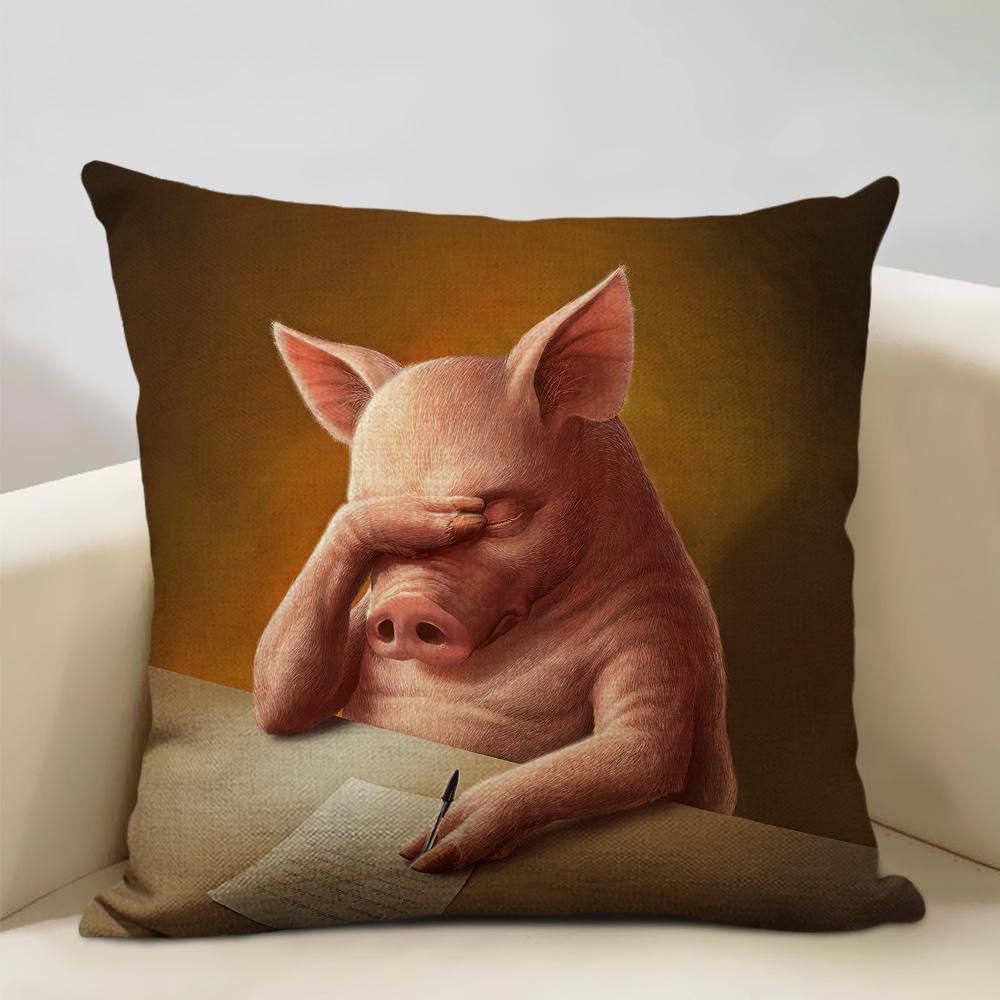 

Animal Oil Painting Cushion Cover Home Sofa Decoration Pillow Case Cute Pig Pattern Pillowcase 45x45cm Linen Living Room Decor 45x45CM(18x18in)