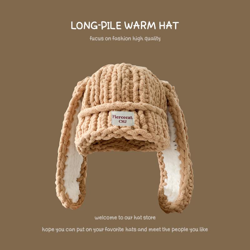 

Корейская милая шапка с длинными кроличьими ушками из толстой шерсти для женщин на осень и зиму, новая утолщенная теплая защита ушей, чистая ручная вязка One Size