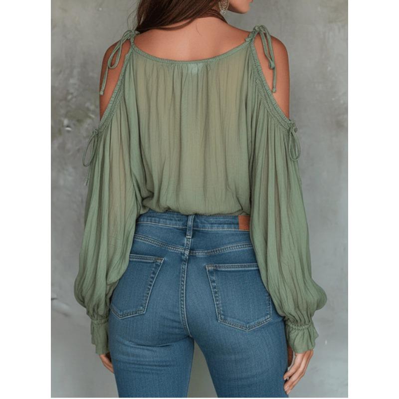 T-shirt Casual da Donna S Scollo a V Spalle Scoperte Maniche a Pipistrello Ampia Monocolore