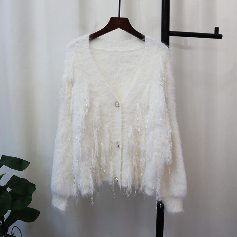 Quastendesign Imitation Nerz Samt Strickjacke Herbst und Winter neu weich wachsig locker süße Pulloverjacke Damen