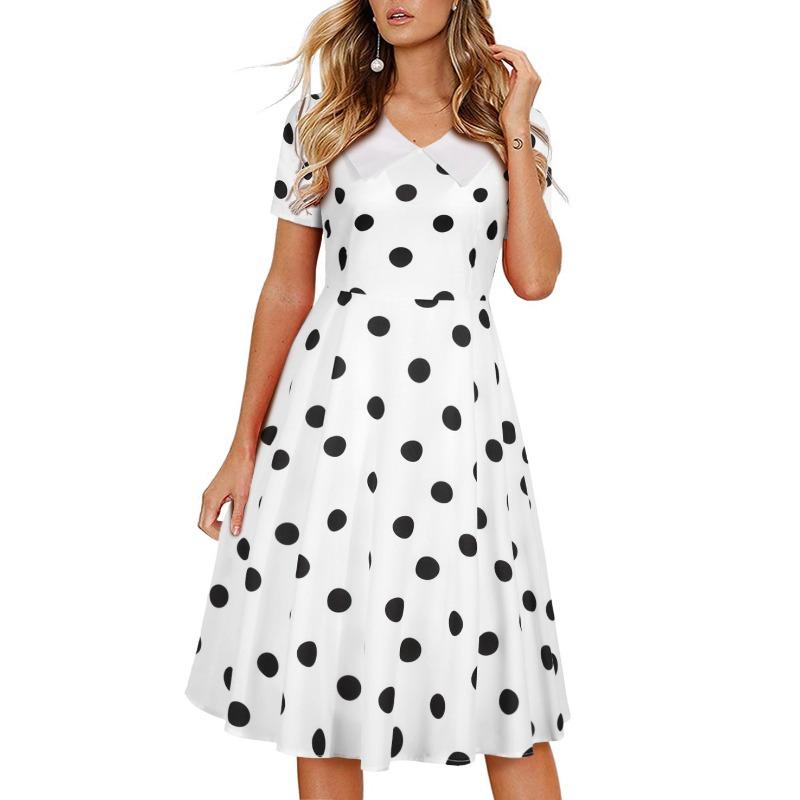 Summer Short Sleeve V-Neck Polka Dot Retro Dress Women's Large Swing Dress