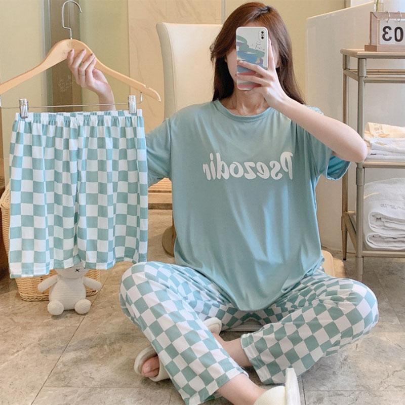 3PCS/Set Sexy Nightwear Women Letters Plaid Print Silk Pajamas Girl Sleepwear Round Neck Loungewear Ladies Casual Soft Home Wear