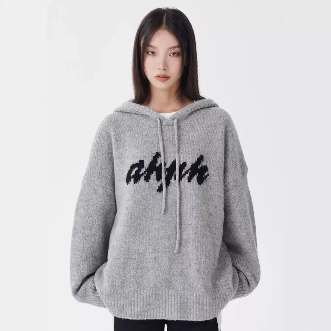 

Unisex Oversized Retro Grey Hooded Knit Sweater with Letter Jacquard Design XL сірий