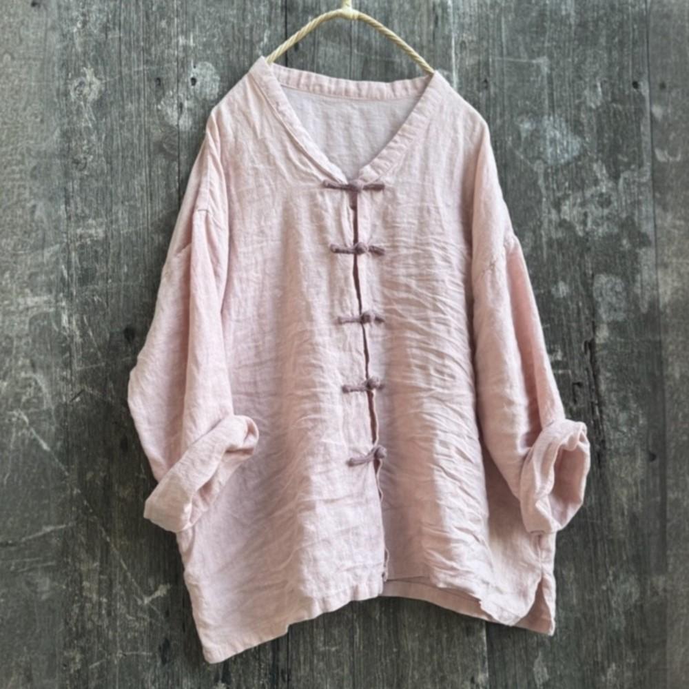 Johnature Women Vintage Shirts Solid Color Stand Long Sleeve Blouses Autumn Button Loose Chinese Style Top