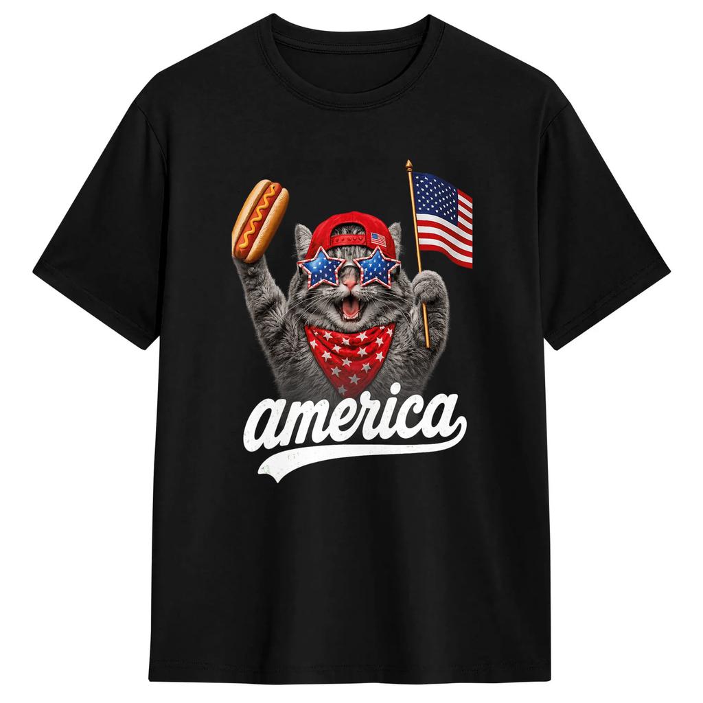 Unisex Retro Funny America Cat Hot Dog Lovers Patriotic US Flag TShirts Cotton Tops Summer Classic ShortSleeve T Shirt ONeck Tee