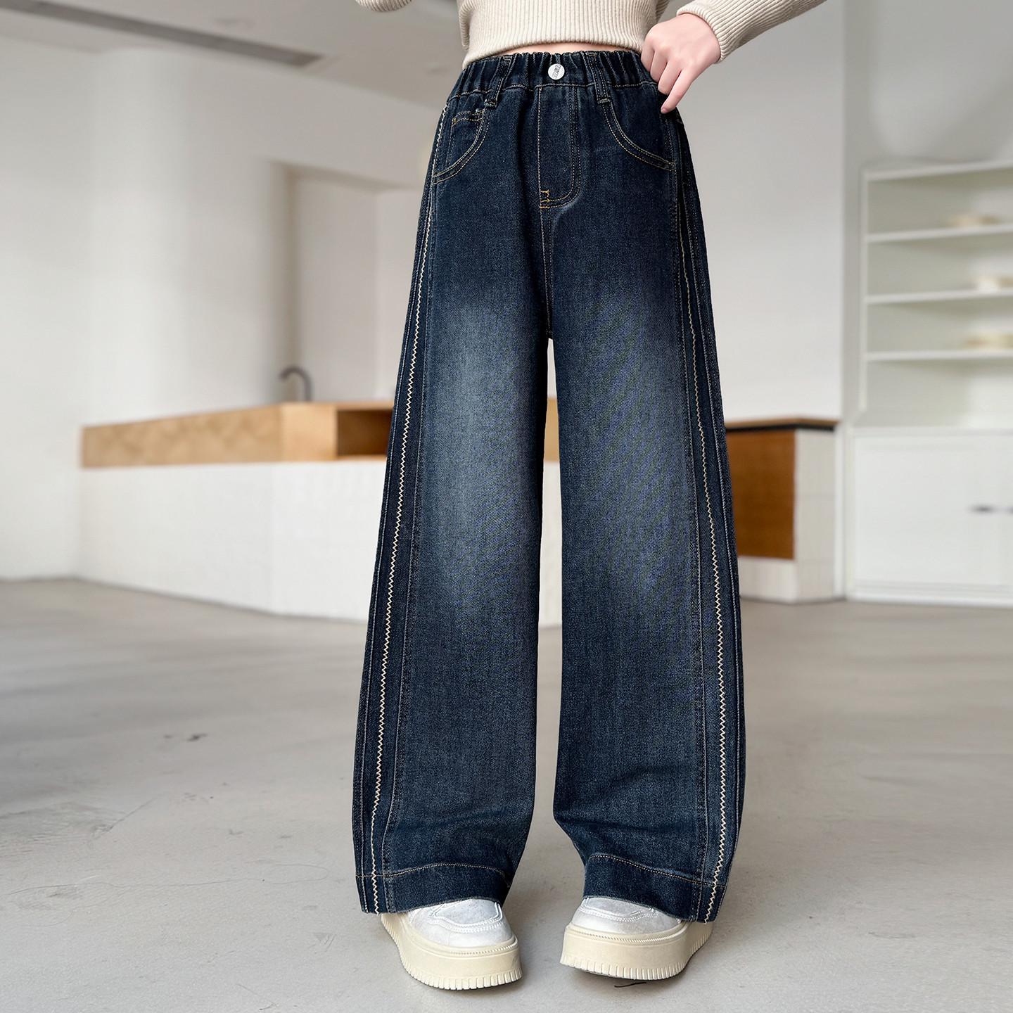 

Весна 2025 Джинсовые брюки-палаццо для девочек: Стильные брюки прямого кроя для детей 130 cm темно-синий