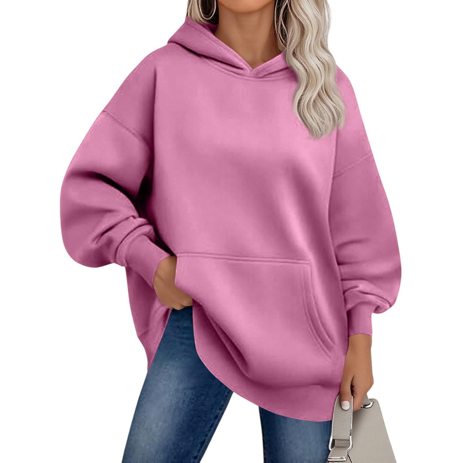 

Женские худи оверсайз из флиса, толстовки с длинным рукавом, пуловеры с карманом XL розовый