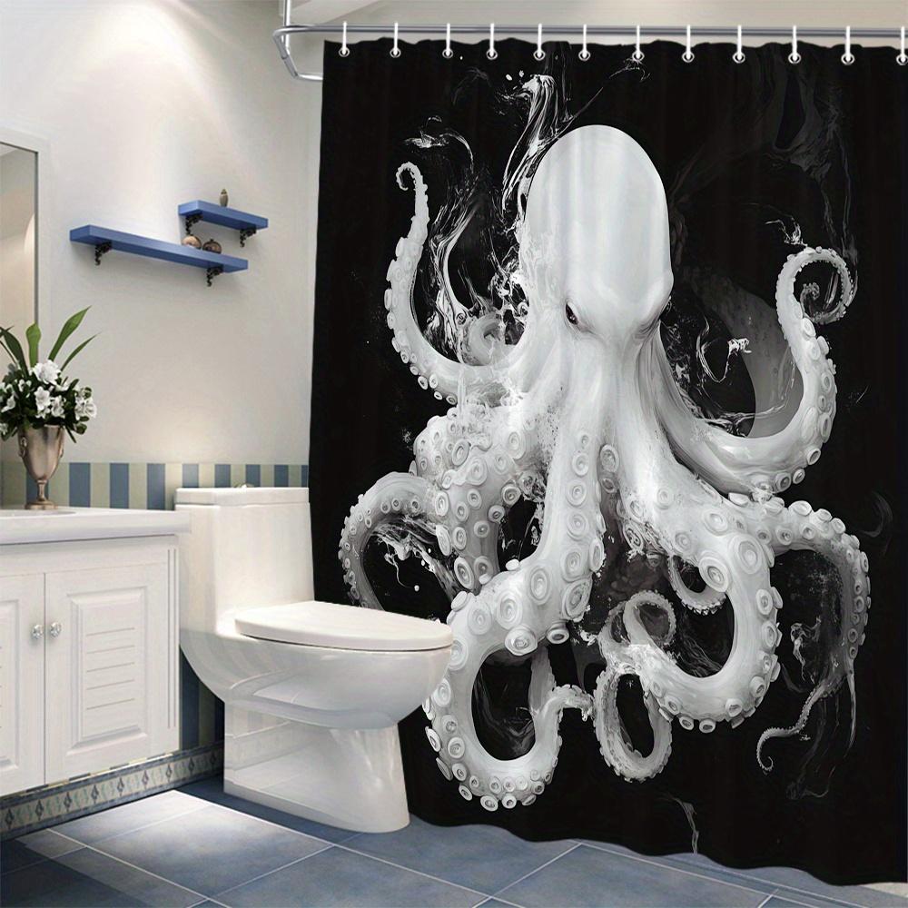 1 Ultra-realistic White Octopus Face Shower Curtain, Made of Polyester Fabric, Measures 70x70 Inches and Includes 12 Hooks.
