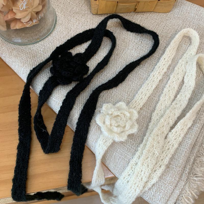 Elegant Autumn And Winter Handmade Flower Decorated Long Scarf  Girls Chic Thin Scarves 180*1.5cm